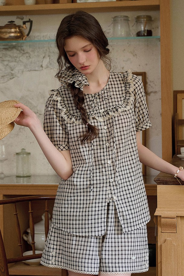 Simple Retro - 셔츠 - Playful check ruffle shirt