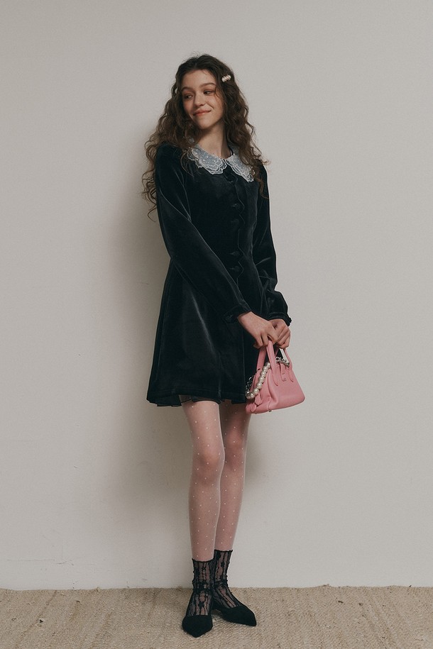 DUNDROP - 긴소매 원피스 - DD_Lace collar velvet dress_BLACK