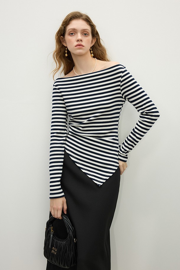 WE'DEE - 긴소매 티셔츠 - WD_Off shoulder striped long sleeve top