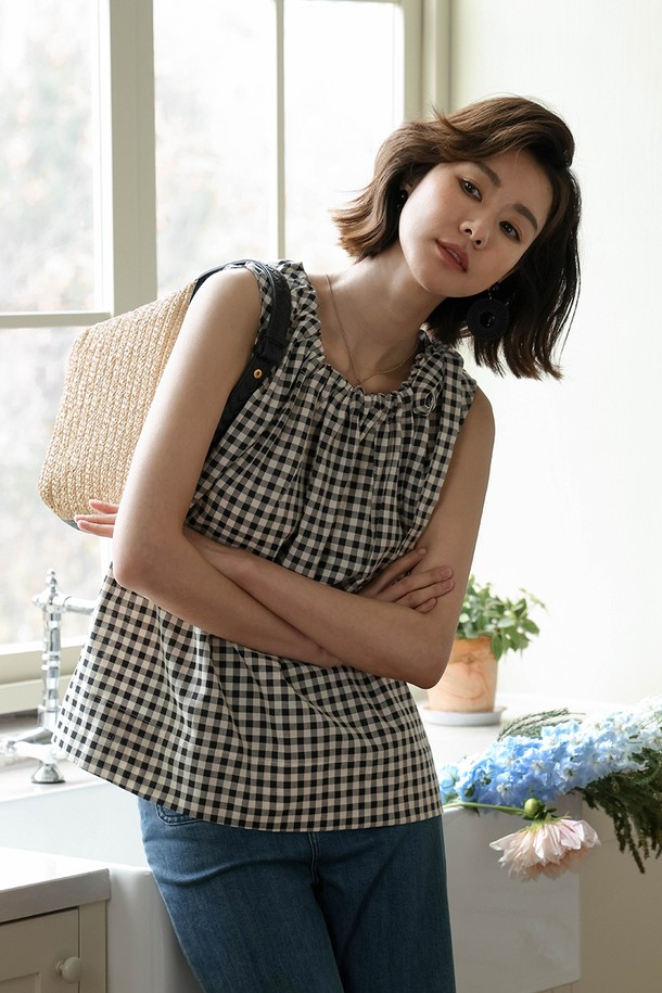 LANGSON - 민소매티셔츠 - LS_Bottoming plaid halter neck top