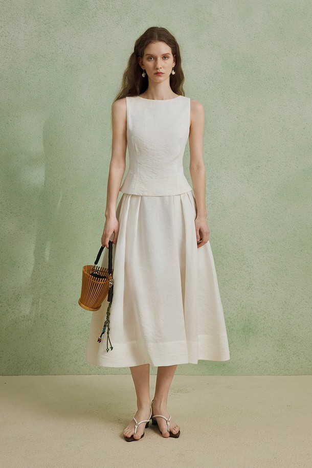 YYIAM - 롱스커트 - Pleated white tencel skirt