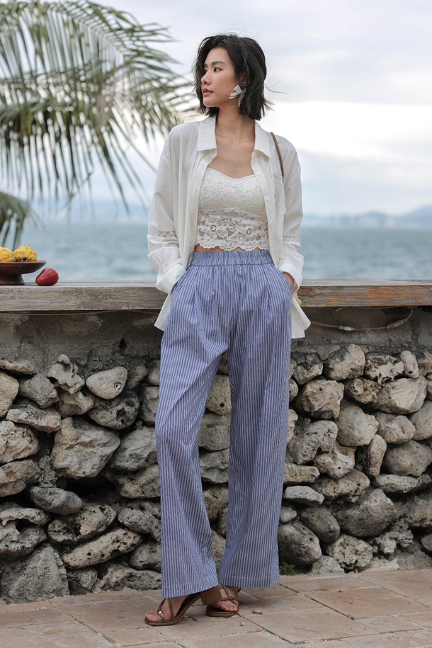 LANGSON - 롱/미디팬츠 - Striped wide-leg blue pants