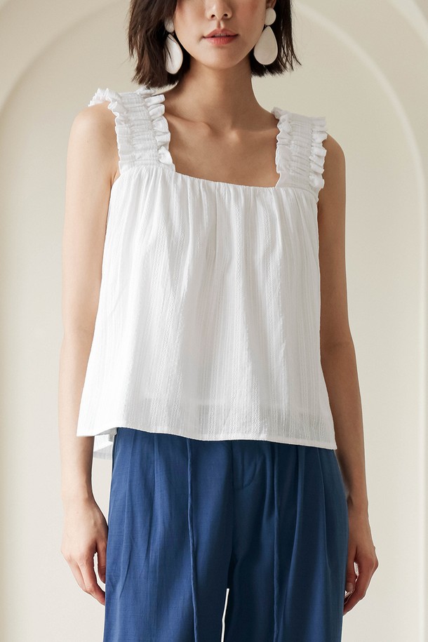 LANGSON - 민소매티셔츠 - LS_Strap white short top