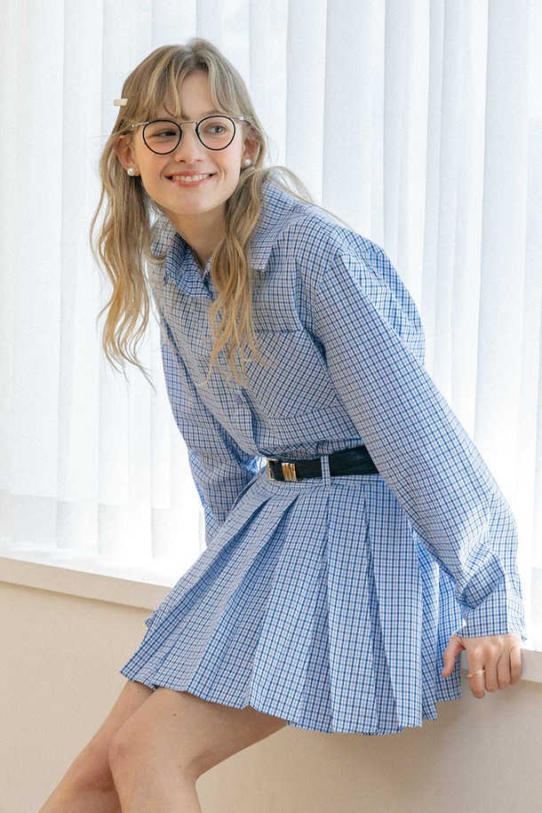 DUNDROP - 셋업 - DD_Loose check shirt and skirt set_BLUE