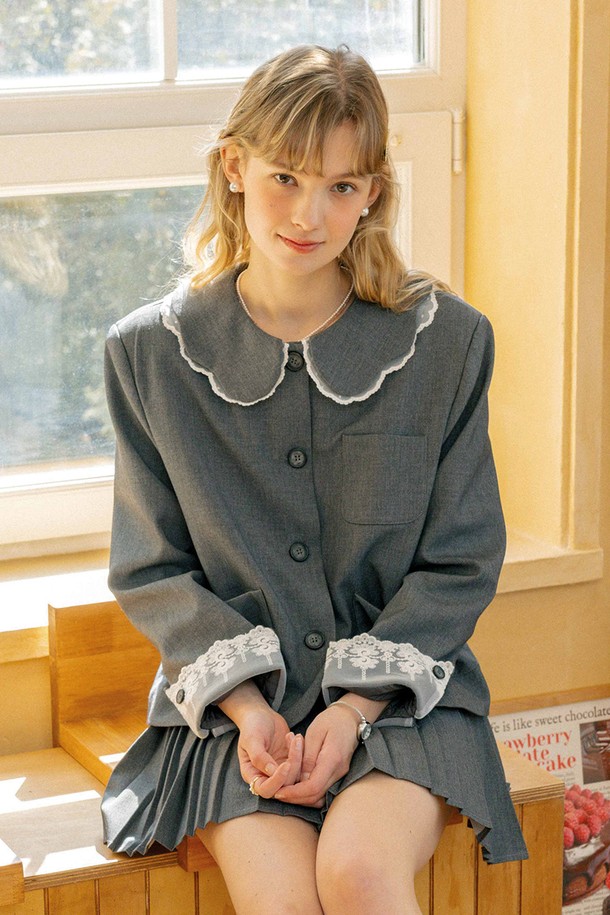 DUNDROP - 셋업 - DD_Lace sleeve jacket and skirt set_GRAY