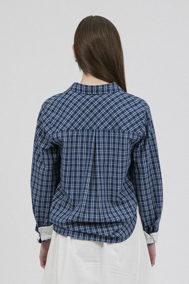 WE'DEE - 블라우스 - WD_White sleeves check blouse_BLUE