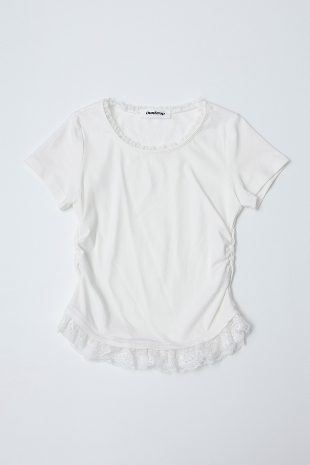 DUNDROP - 반소매 티셔츠 - Lace hem short sleeves top_WHITE