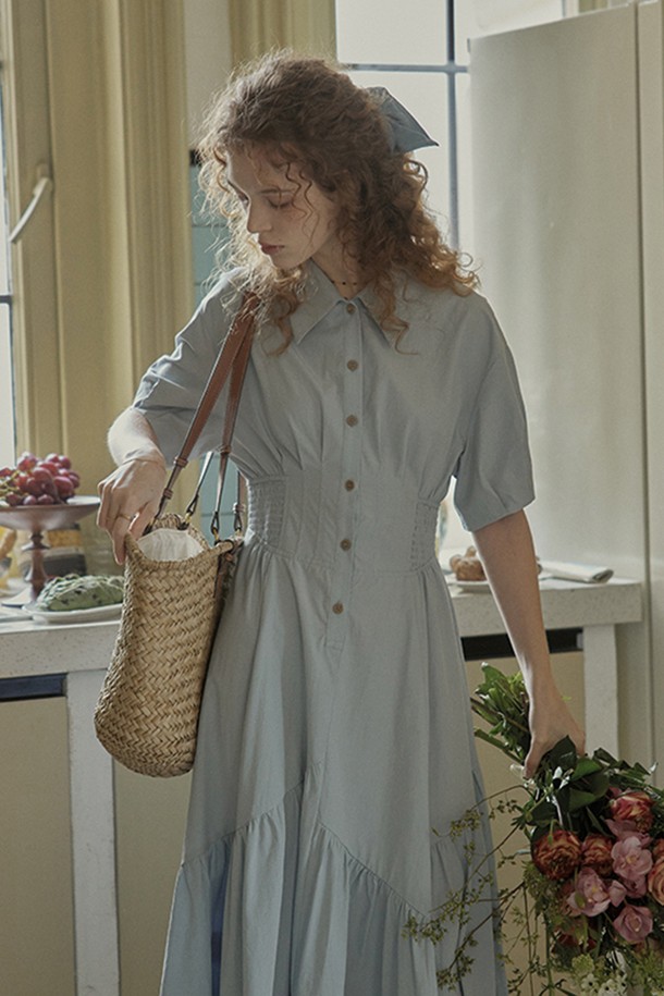 Proud Mary - 반소매 원피스 - Summer waist banding shirt dress