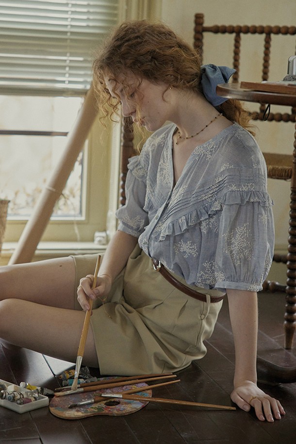 Proud Mary - 블라우스 - Stripe embroidery v-neck shirt