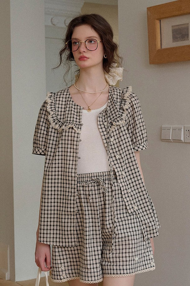 Simple Retro - 셔츠 - Playful check ruffle shirt