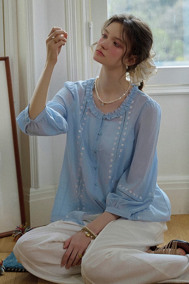 Simple Retro - 셔츠 - Light and thin embroidered shirt