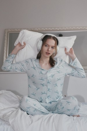 MJ_V-neck bow two piece pajamas_MINT