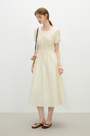 Slim pleated puff sleeve dress_2color