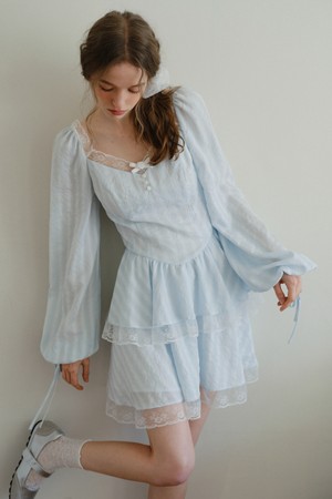 Skyblue puff sleeve layered dress