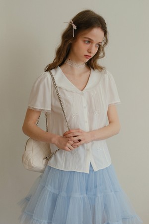 Bow lace navy collar shirt