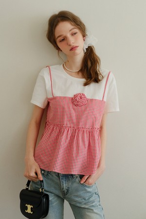 Check fake two-piece short sleeve top