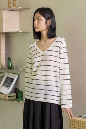 V-neck horizontal stripes top_WHITE