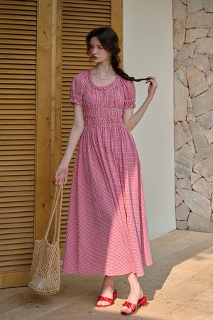 Stretch pleated waist check dress