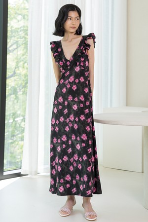 V-neck floral dress_BLACK