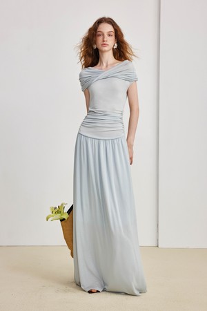 Straight shoulder pleated dress