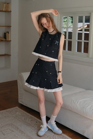 Flower denim layered skirt