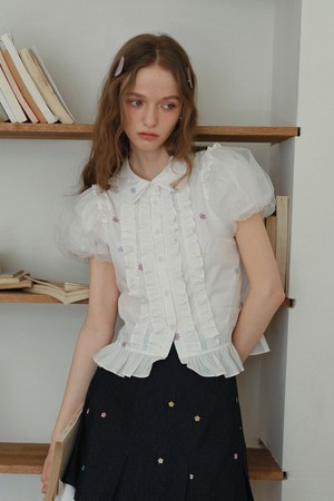 Flower mesh puff sleeve shirt