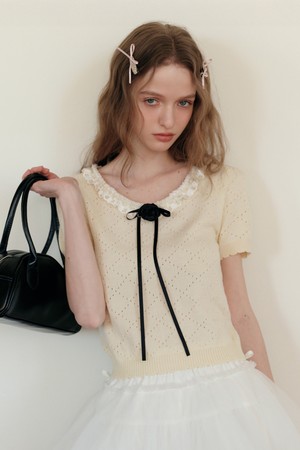 Crochet lace neck knit top