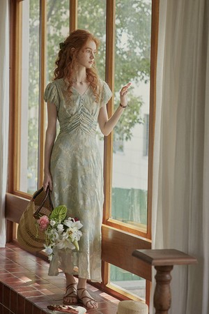 Jacquard shirring v-neck dress