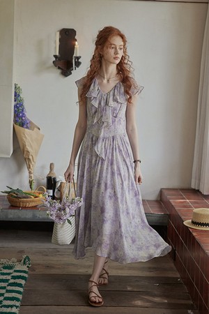 Floral frill v-neck dress