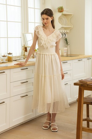 Ivory pleated mesh dress