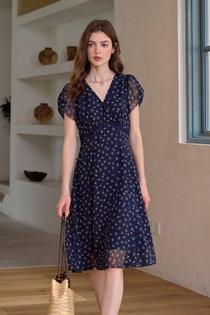 Chiffon print french midi dress