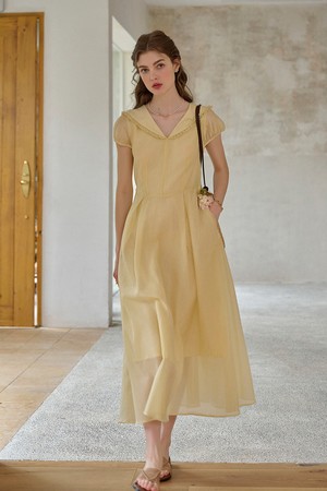 Tulle lapel puff sleeve dress