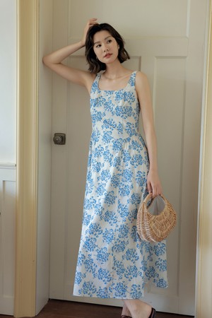 Blue printed waist cinched dress
