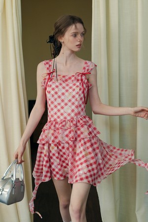 Flower plaid frill sleeveless dress