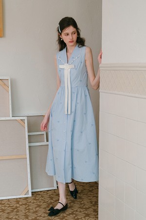 Striped bow lapel sleeveless dress