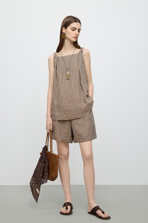 Striped linen short pants_BROWN