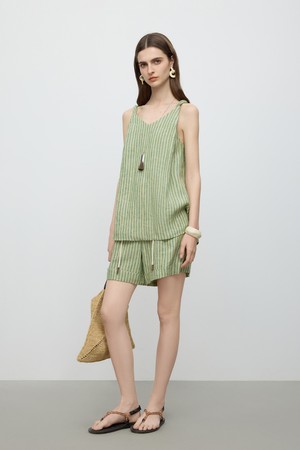 Striped linen short pants_GREEN