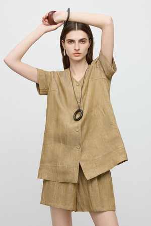 Linen collarless short sleeve jacket