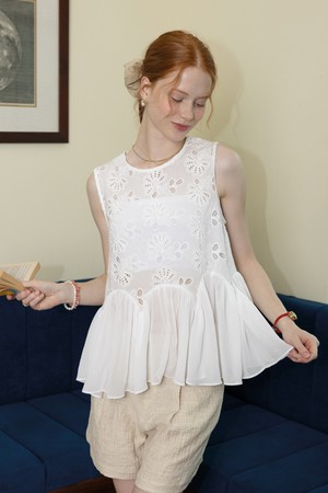Mesh hem sleeveless top_WHITE