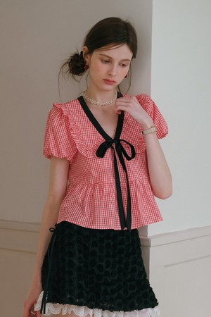 Ribbon lapel puff sleeve blouse