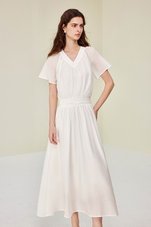 White cinched waist long dress