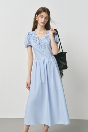 Flower v-neck puff sleeve dress_BLUE