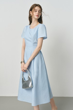 Slim waist shirring dress_BLUE