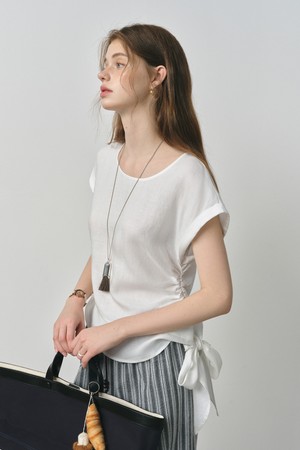 Side shirring ribbon short sleeve top