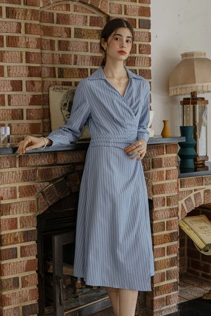 V-neck stripes long sleeves dress_BLUE