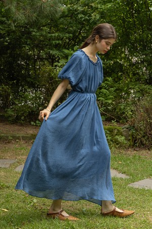 Neckline pleats dress_BLUE