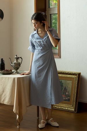 V-neck stripes short sleeves dress_BLUE