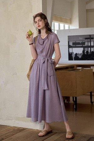 Check swing neck tencel dress