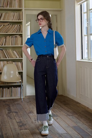 Contrast folded straight leg pants