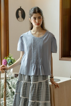 Round neck pleats top_BLUE